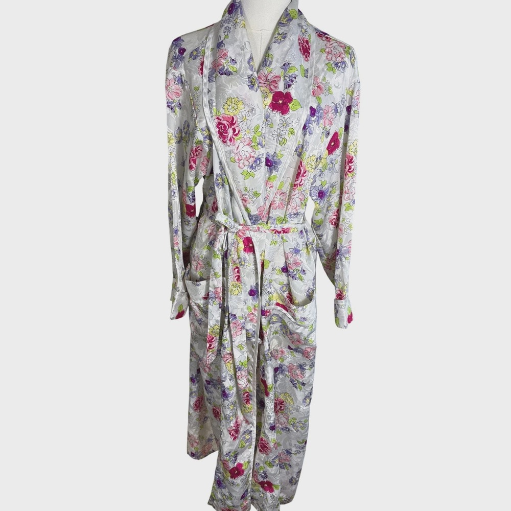Vintage Victorias Secret Gold Label Floral Jacquard Satin Robe White PS Long
